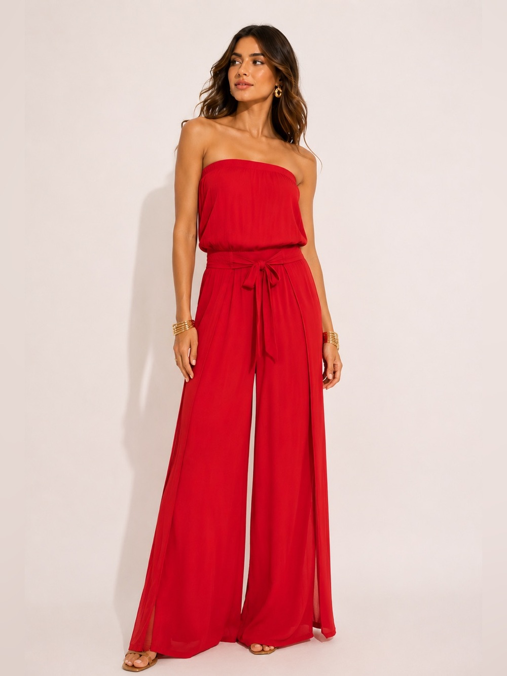 ELAN Strapless Wide Leg Tie Waist Jumpsuit Red XS